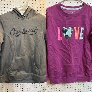 Carhartt Girls 14 Gray Kids Hoodie and Cat & Jack Love Sweatshirt 14/16